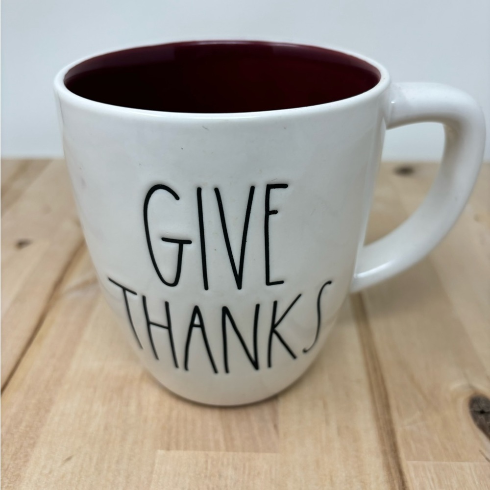 Rae Dunn GIVE THANKS Coffee Mug White Double Sided Burgundy Interior Fall